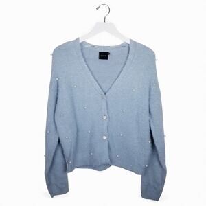 CLICHÉ Sweater Wool Eyelash Knit Baby Blue w/ Pearls & Crystal Heart Buttons XL